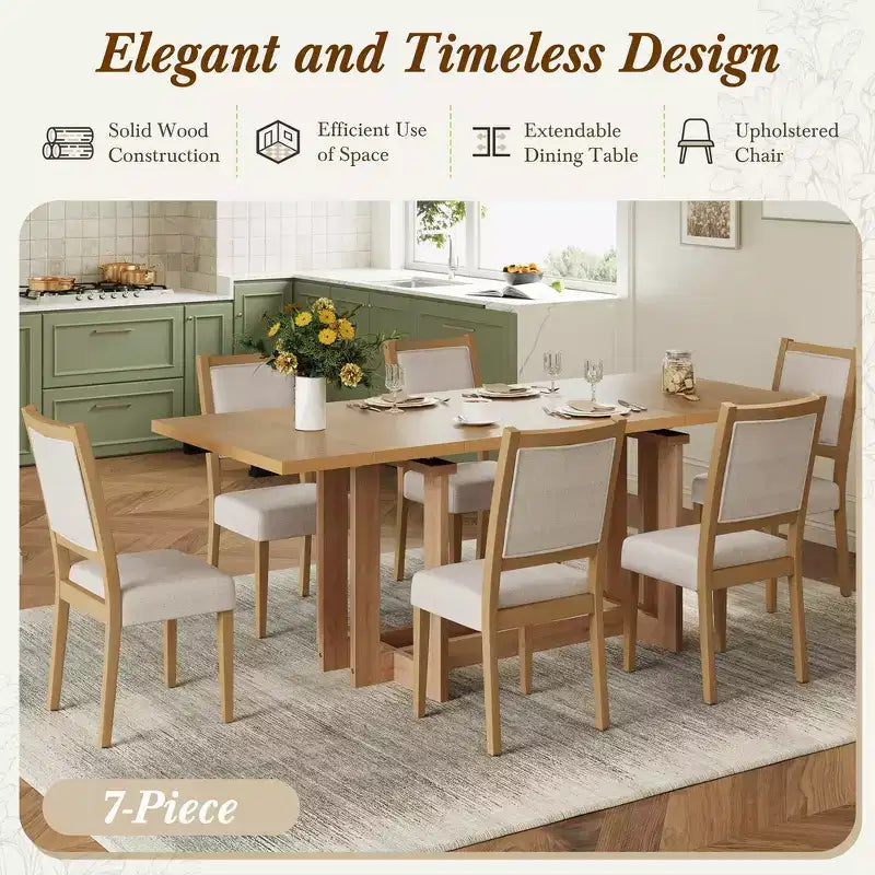 Set da pranzo rustico allungabile Whisen da 7 pezzi, tavolo da cucina a cavalletto da 82" e 6 sedie da pranzo imbottite con gambe in legno di gomma