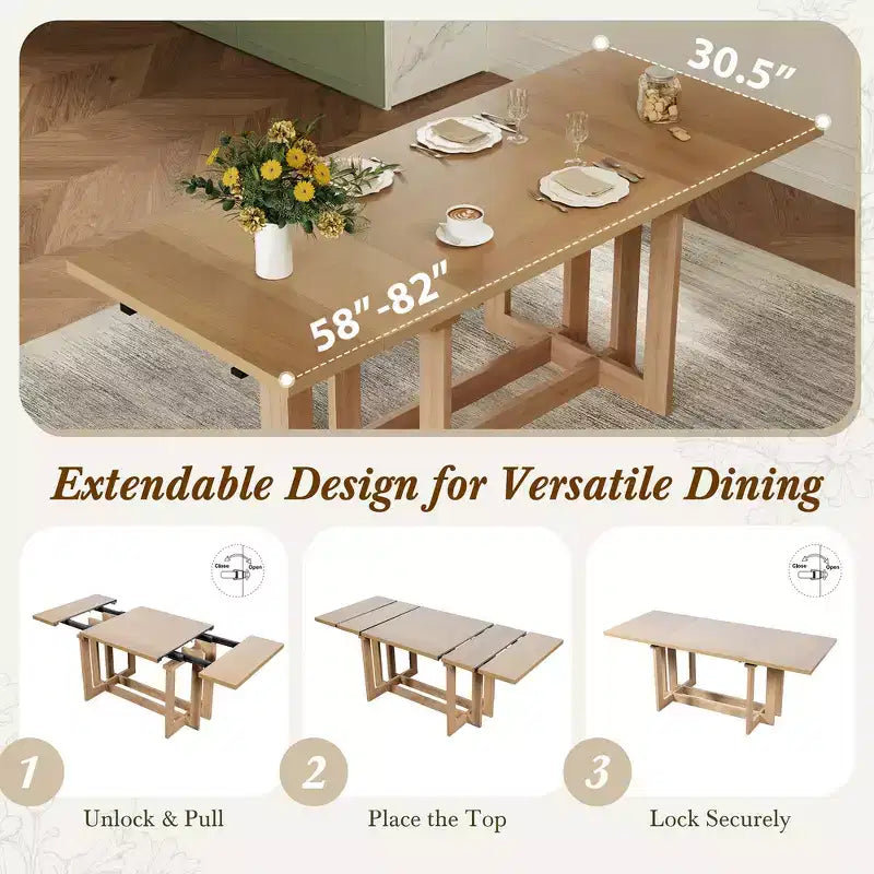 Set da pranzo rustico allungabile Whisen da 7 pezzi, tavolo da cucina a cavalletto da 82" e 6 sedie da pranzo imbottite con gambe in legno di gomma