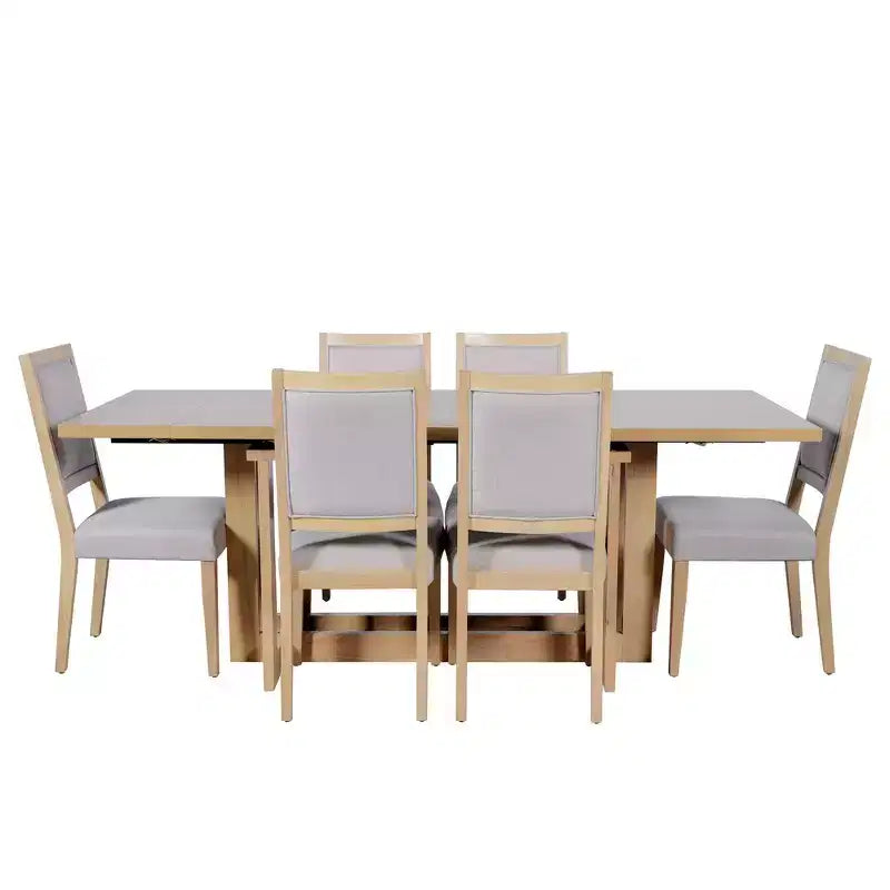 Set da pranzo rustico allungabile Whisen da 7 pezzi, tavolo da cucina a cavalletto da 82" e 6 sedie da pranzo imbottite con gambe in legno di gomma