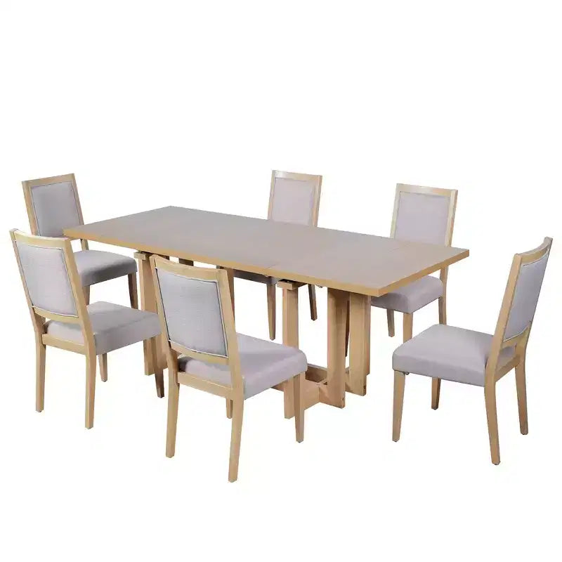 Set da pranzo rustico allungabile Whisen da 7 pezzi, tavolo da cucina a cavalletto da 82" e 6 sedie da pranzo imbottite con gambe in legno di gomma
