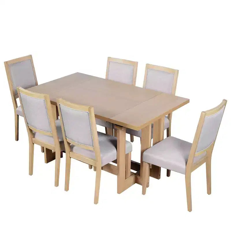 Set da pranzo rustico allungabile Whisen da 7 pezzi, tavolo da cucina a cavalletto da 82" e 6 sedie da pranzo imbottite con gambe in legno di gomma