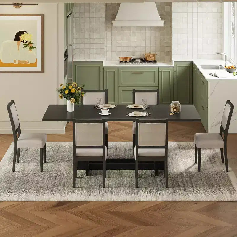 Set da pranzo rustico allungabile Whisen da 7 pezzi, tavolo da cucina a cavalletto da 82" e 6 sedie da pranzo imbottite con gambe in legno di gomma