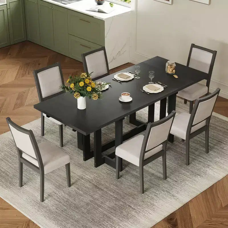 Set da pranzo rustico allungabile Whisen da 7 pezzi, tavolo da cucina a cavalletto da 82" e 6 sedie da pranzo imbottite con gambe in legno di gomma