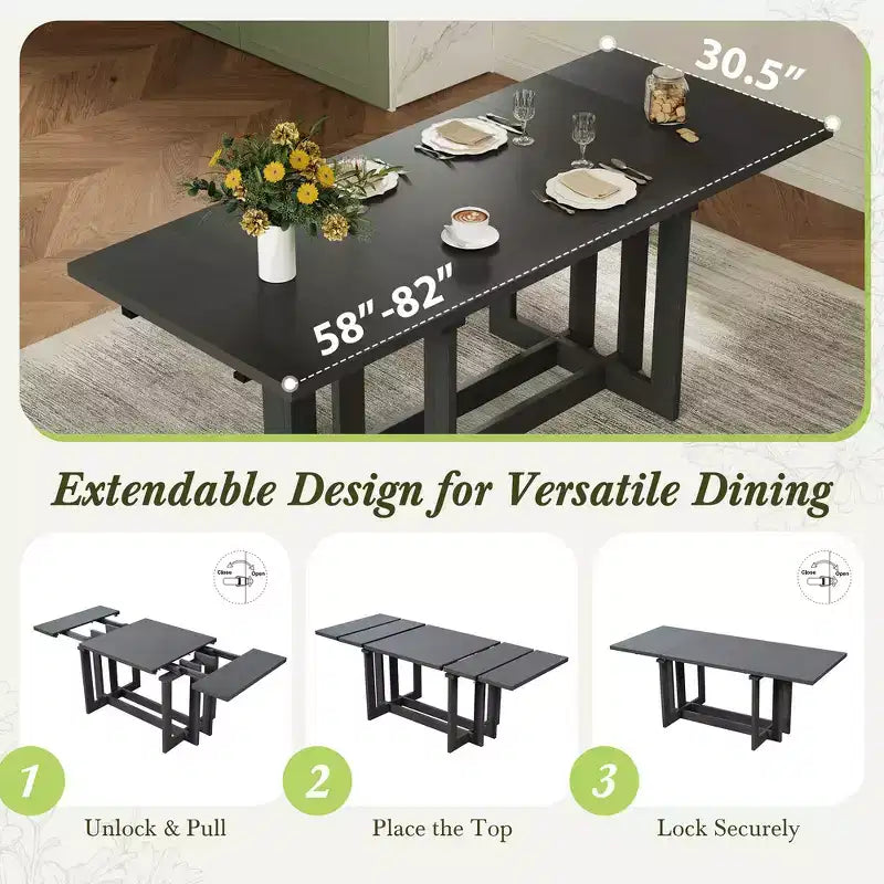 Set da pranzo rustico allungabile Whisen da 7 pezzi, tavolo da cucina a cavalletto da 82" e 6 sedie da pranzo imbottite con gambe in legno di gomma