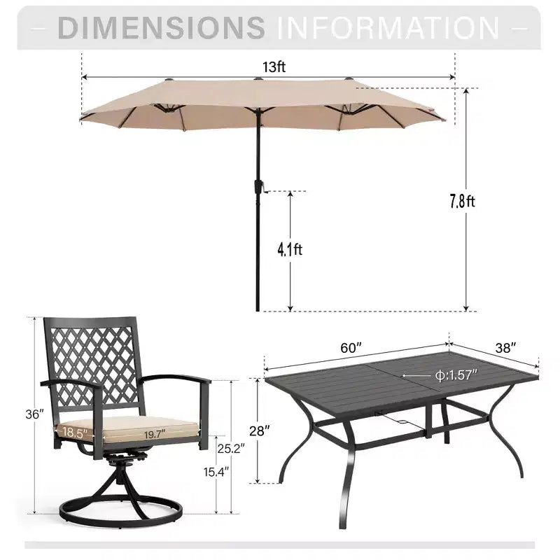 Captiva Designs Set da pranzo da 8 pezzi per esterni con tavolo rettangolare in acciaio, sedie in acciaio nero e ombrellone a palo centrale