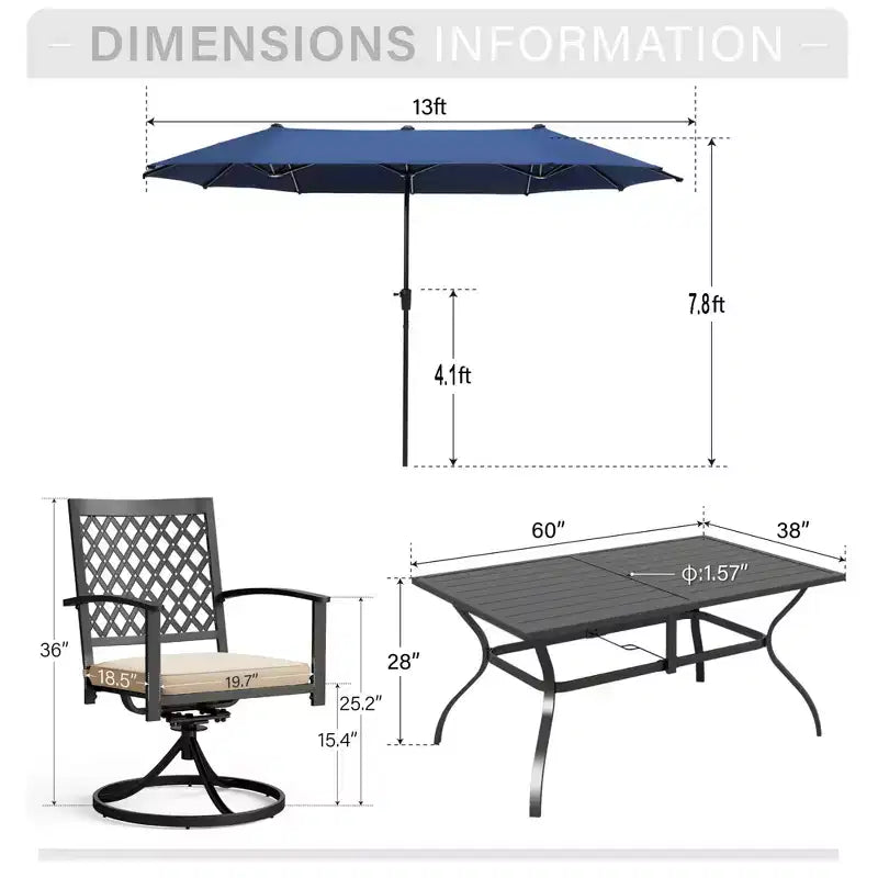 Captiva Designs Set da pranzo da 8 pezzi per esterni con tavolo rettangolare in acciaio, sedie in acciaio nero e ombrellone a palo centrale