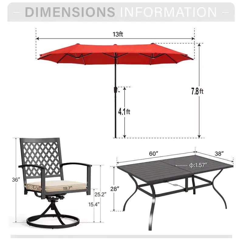 Captiva Designs Set da pranzo da 8 pezzi per esterni con tavolo rettangolare in acciaio, sedie in acciaio nero e ombrellone a palo centrale