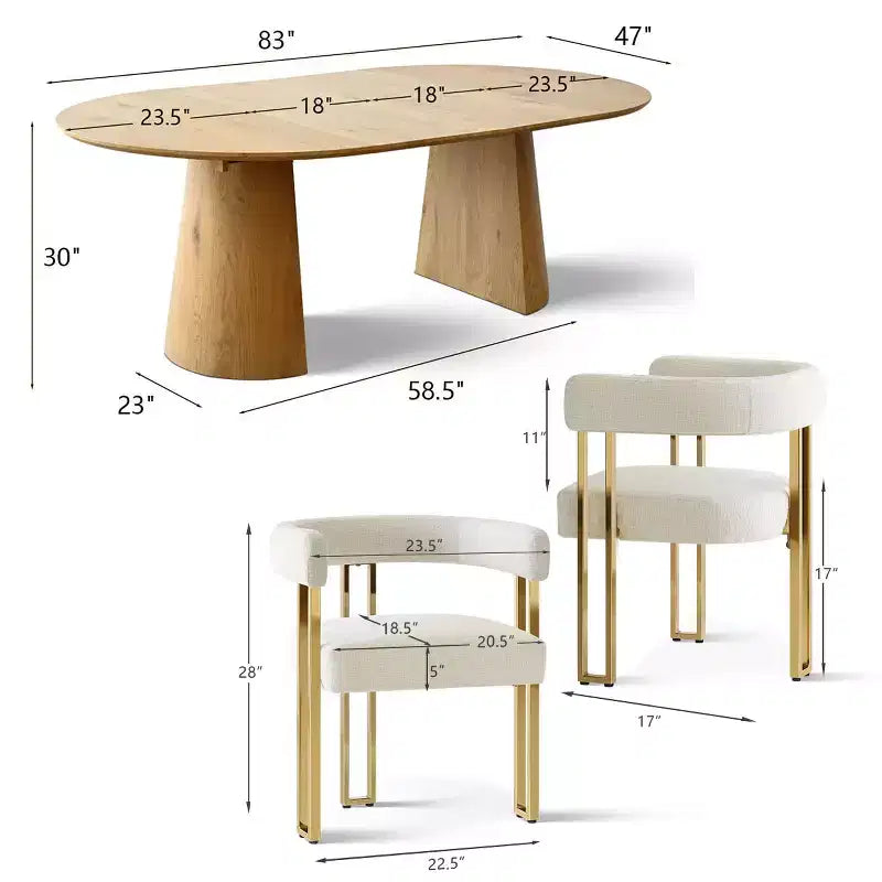 Set Tavolo da Pranzo Estensibile 47-83 per 6 Persone, Tavolo Color Legno Naturale e 6 Sedie da Pranzo Imbottite in Ciniglia con Gambe in Metallo-Panipeachy
