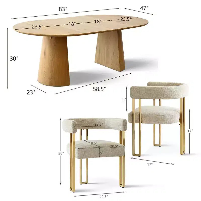 Set Tavolo da Pranzo Estensibile 47-83 per 6 Persone, Tavolo Color Legno Naturale e 6 Sedie da Pranzo Imbottite in Ciniglia con Gambe in Metallo-Panipeachy