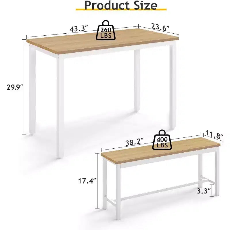 MooxvMoo Set Tavolo da Pranzo 43, Tavolo da Bar con 2 Panche da Pranzo, Tavolo Industriale per Cucina, Tavolo da Colazione, Soggiorno, Sala per Feste, Bianco