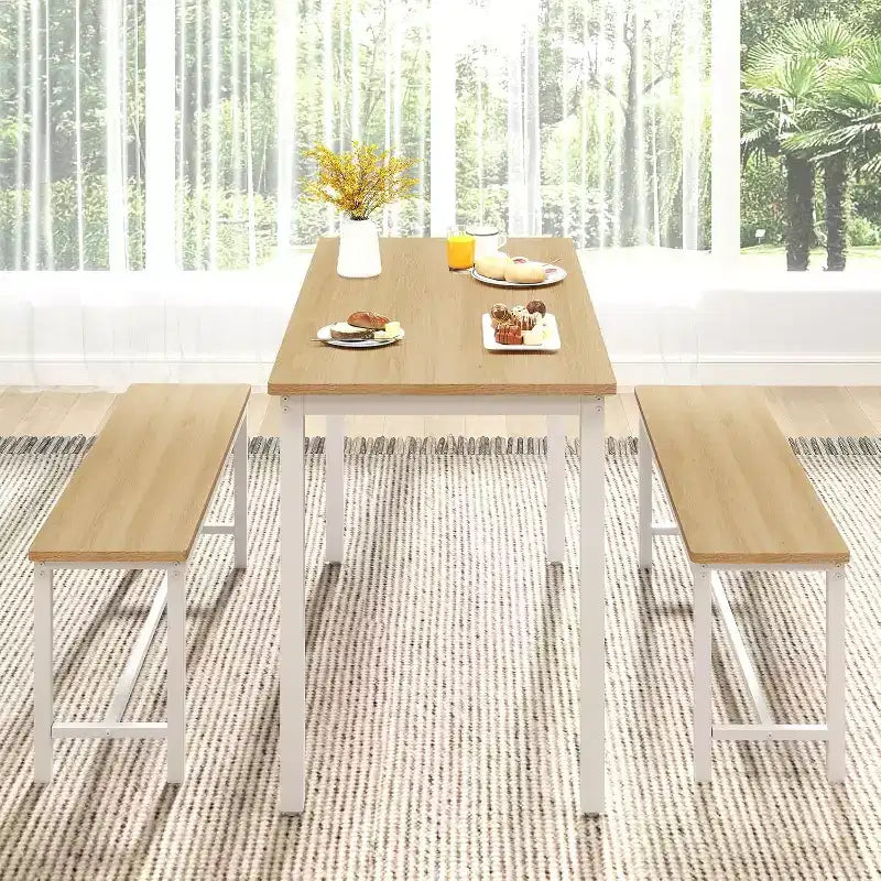 MooxvMoo Set Tavolo da Pranzo 43, Tavolo da Bar con 2 Panche da Pranzo, Tavolo Industriale per Cucina, Tavolo da Colazione, Soggiorno, Sala per Feste, Bianco