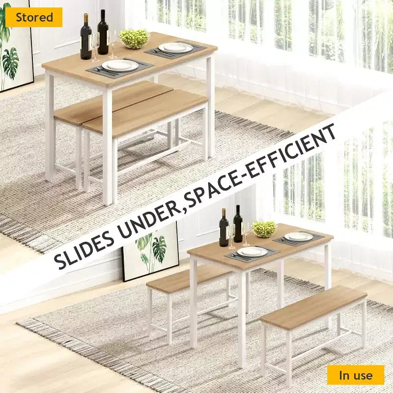 MooxvMoo Set Tavolo da Pranzo 43, Tavolo da Bar con 2 Panche da Pranzo, Tavolo Industriale per Cucina, Tavolo da Colazione, Soggiorno, Sala per Feste, Bianco