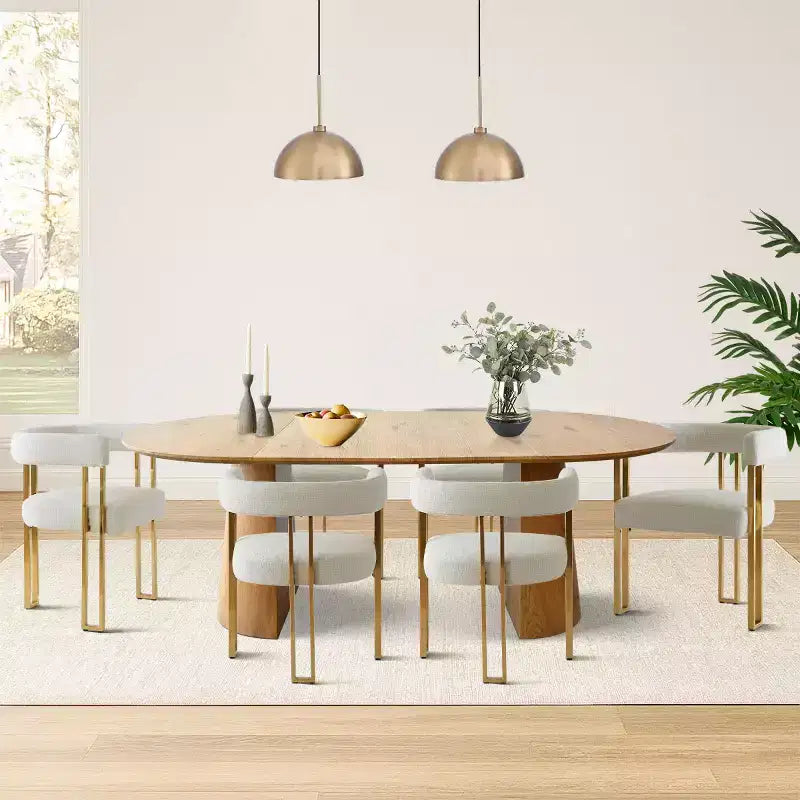 Set tavolo da pranzo allungabile ovale 3-in-1 con 6 sedie imbottite in ciniglia con gambe in metallo dorato, mobili da pranzo versatili - Panipeachy