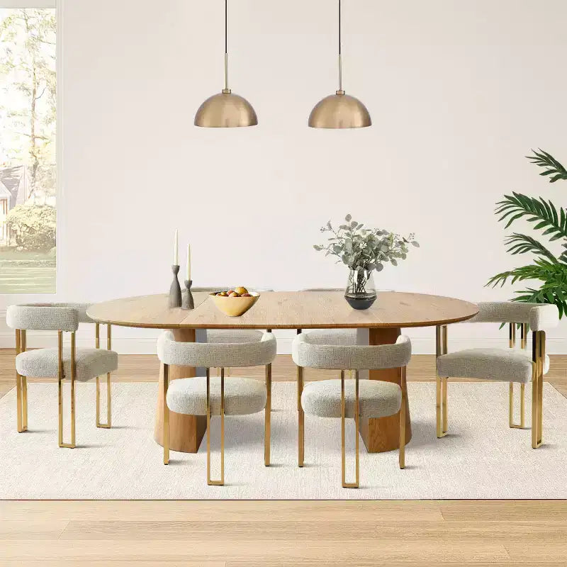 Set tavolo da pranzo allungabile ovale 3-in-1 con 6 sedie imbottite in ciniglia con gambe in metallo dorato, mobili da pranzo versatili - Panipeachy