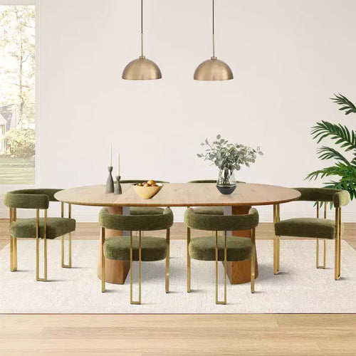 Set da pranzo ovale allungabile 3-in-1 con 6 sedie imbottite in ciniglia e gambe in metallo dorato, arredo versatile per la sala da pranzo-Panipeachy