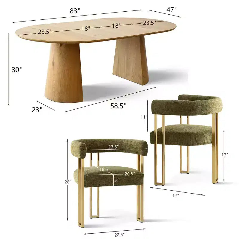 Set tavolo da pranzo allungabile ovale 3-in-1 con 6 sedie imbottite in ciniglia con gambe in metallo dorato, mobili da pranzo versatili - Panipeachy