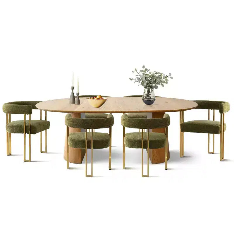3-in-1 Oval Extendable Dining Table Set with 6 Chenille Upholstered Chairs Featuring Gold Metal Legs, Versatile Dining Furniture-Panipeachy