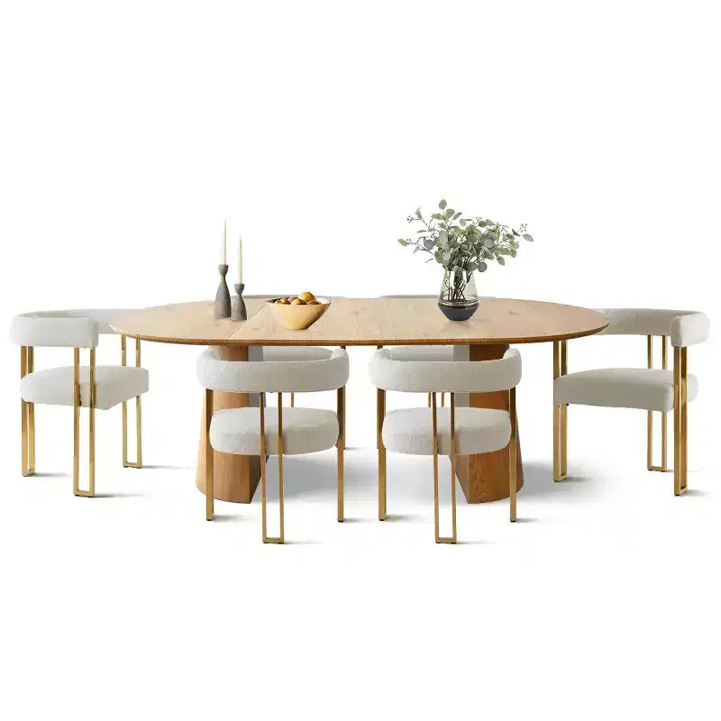 Set tavolo da pranzo allungabile ovale 3-in-1 con 6 sedie imbottite in ciniglia con gambe in metallo dorato, mobili da pranzo versatili - Panipeachy