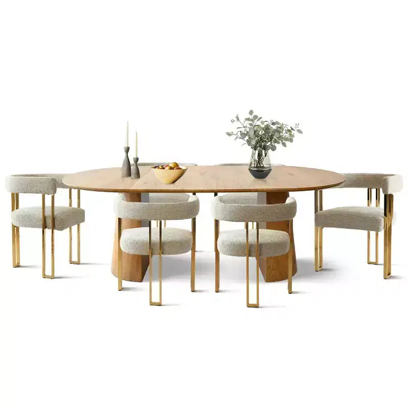 Set tavolo da pranzo allungabile ovale 3-in-1 con 6 sedie imbottite in ciniglia con gambe in metallo dorato, mobili da pranzo versatili - Panipeachy