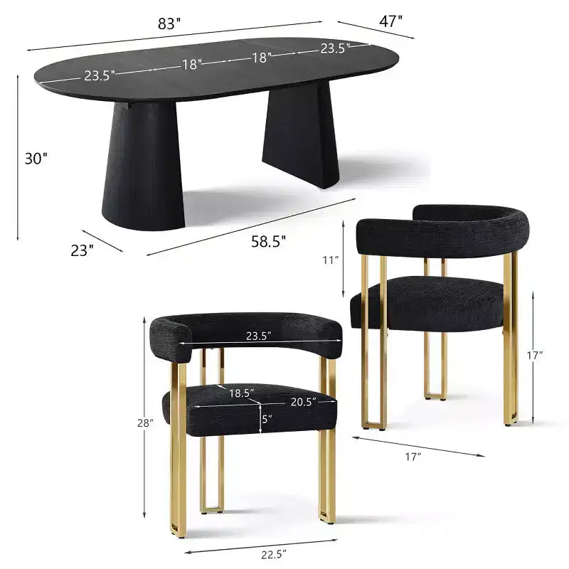Set tavolo da pranzo allungabile ovale 3 in 1 con sedie imbottite in ciniglia e gambe in metallo dorato, mobili da pranzo versatili-Panipeachy