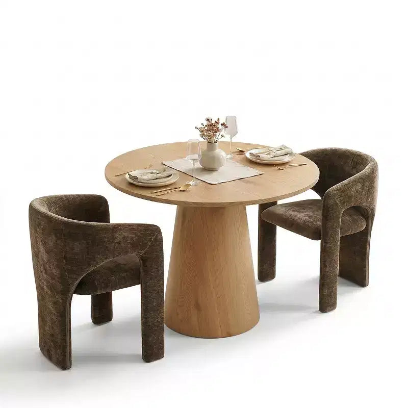 Set Tavolo da Pranzo Rotondo con 2 Poltrone in Ciniglia, Tavolo Moderno con Base a Piedistallo e Sedie Imbottite con Schienale e Braccioli Completi-Panipeachy