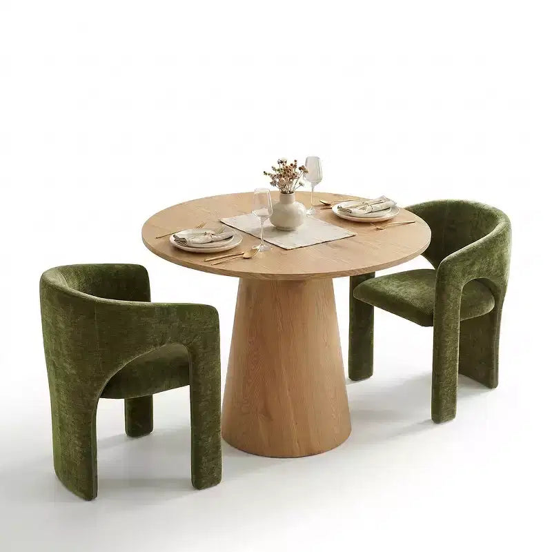 Set Tavolo da Pranzo Rotondo con 2 Poltrone in Ciniglia, Tavolo Moderno con Base a Piedistallo e Sedie Imbottite con Schienale e Braccioli Completi-Panipeachy