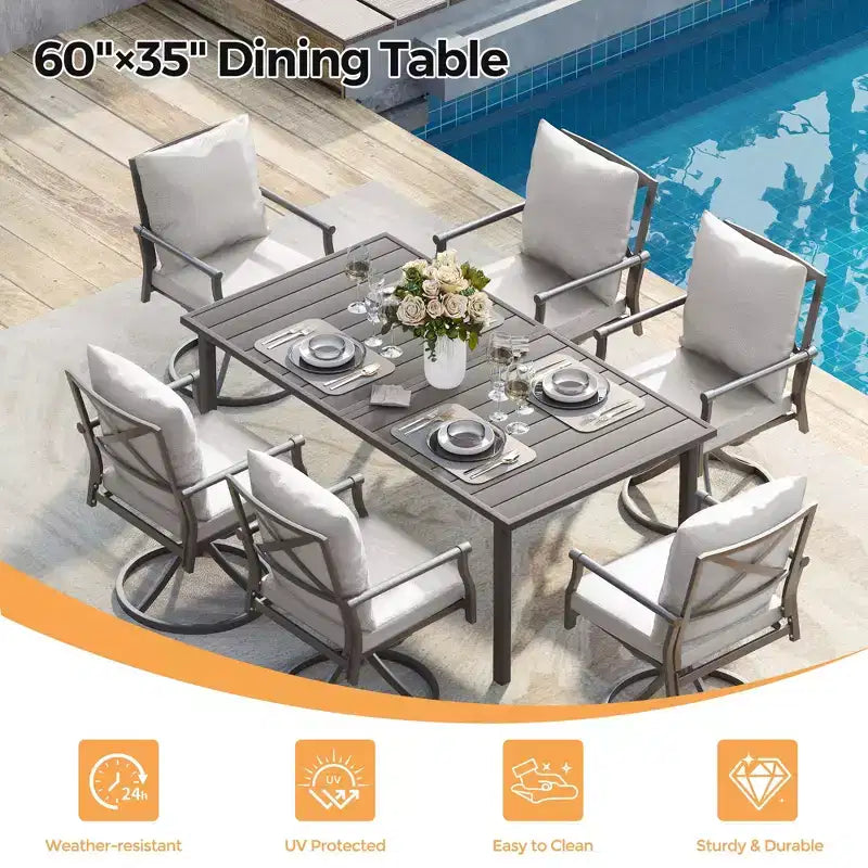 Set da pranzo per patio HAPPATIO, set tavolo e sedie da esterno, sedie in metallo verniciato a polvere con cuscini, tavolo con foro per ombrellone per terrazza, cortile, prato