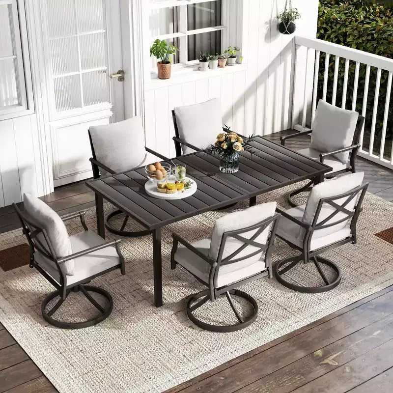 Set da pranzo per patio HAPPATIO, set tavolo e sedie da esterno, sedie in metallo verniciato a polvere con cuscini, tavolo con foro per ombrellone per terrazza, cortile, prato