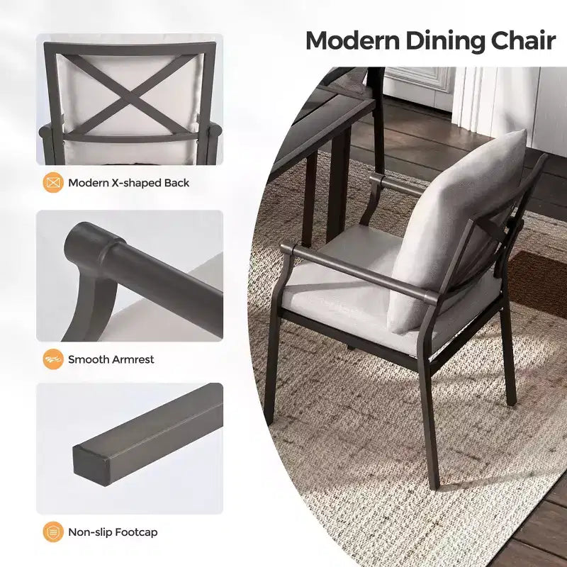 Set da pranzo per patio HAPPATIO, set tavolo e sedie da esterno, sedie in metallo verniciato a polvere con cuscini, tavolo con foro per ombrellone per terrazza, cortile, prato
