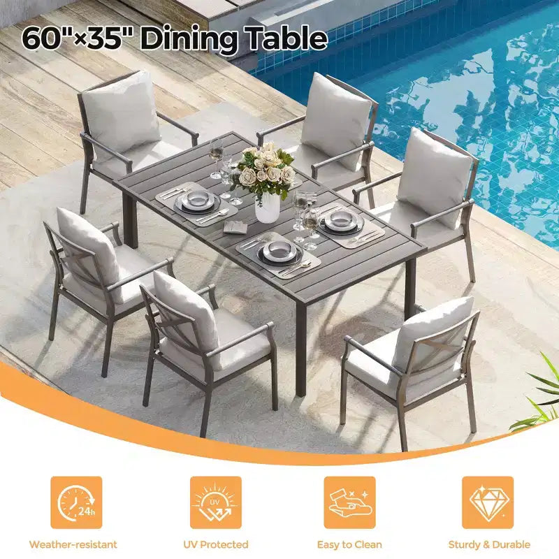 Set da pranzo per patio HAPPATIO, set tavolo e sedie da esterno, sedie in metallo verniciato a polvere con cuscini, tavolo con foro per ombrellone per terrazza, cortile, prato
