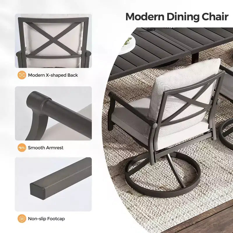 Set da pranzo per patio HAPPATIO, set tavolo e sedie da esterno, sedie in metallo verniciato a polvere con cuscini, tavolo con foro per ombrellone per terrazza, cortile, prato