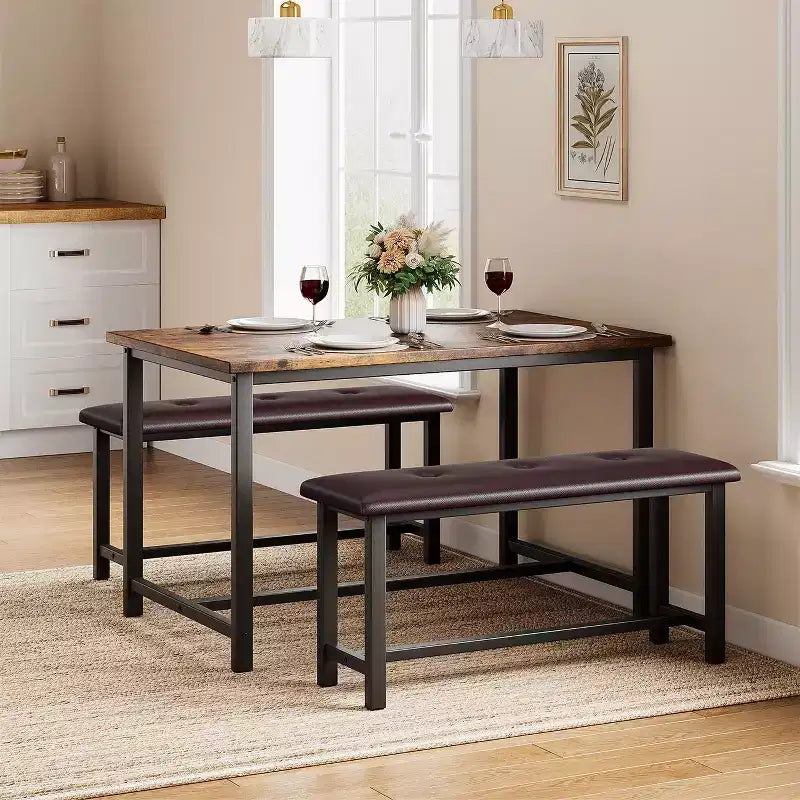 Set tavolo da pranzo per 4 persone, tavolo da cucina con panche, set tavolo da pranzo rettangolare con 2 panche imbottite, set tavolo da pranzo di 3 pezzi per piccoli spazi