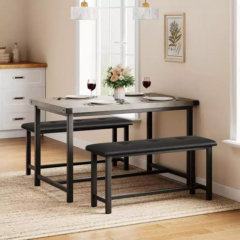 Set tavolo da pranzo per 4 persone, tavolo da cucina con panche, set tavolo da pranzo rettangolare con 2 panche imbottite, set tavolo da pranzo di 3 pezzi per piccoli spazi