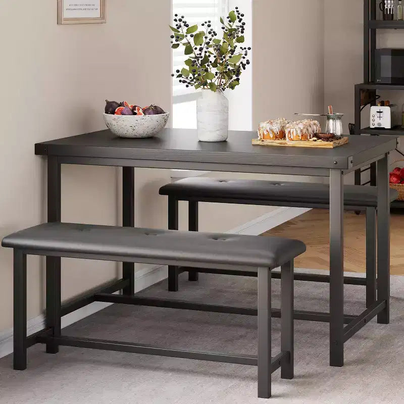 Dining Table Set for 4,Kitchen Table with Benches,Rectangular Dining Room Table Set with 2 Upholstered Benches,3 Piece Dining Table Set for Small Spac