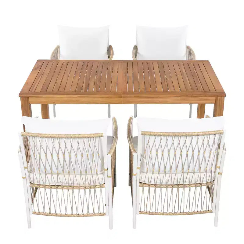 Set da pranzo Nicolas Patio di GDFStudio, 5 pezzi, in legno e metallo, con 4 poltrone in rattan intrecciato a mano