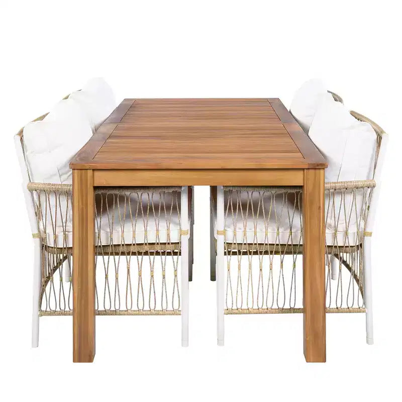 Set da pranzo Nicolas Patio di GDFStudio, 5 pezzi, in legno e metallo, con 4 poltrone in rattan intrecciato a mano