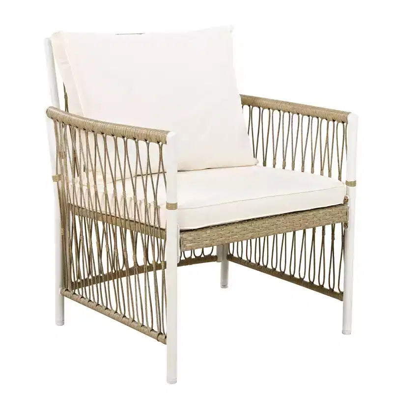 Set da pranzo Nicolas Patio di GDFStudio, 5 pezzi, in legno e metallo, con 4 poltrone in rattan intrecciato a mano