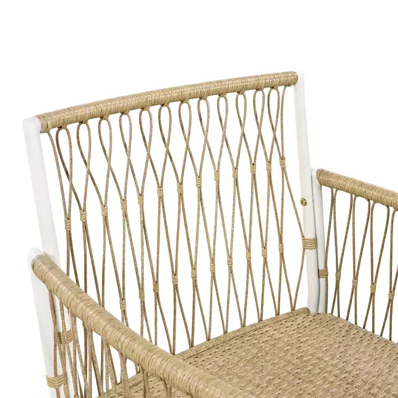 Set da pranzo Nicolas Patio di GDFStudio, 5 pezzi, in legno e metallo, con 4 poltrone in rattan intrecciato a mano