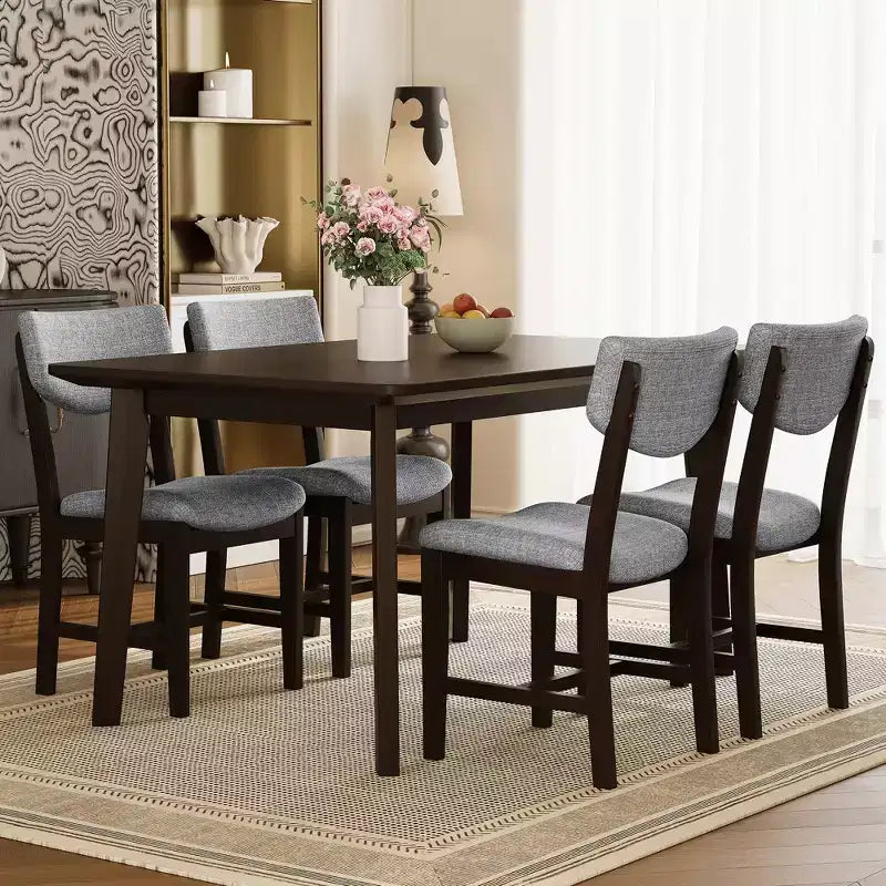 Set da pranzo rustico di 5 pezzi con tavolo in legno e 4 sedie imbottite color espresso