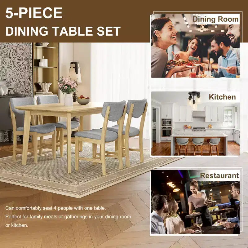 Set da pranzo rustico di 5 pezzi con tavolo in legno e 4 sedie imbottite color espresso