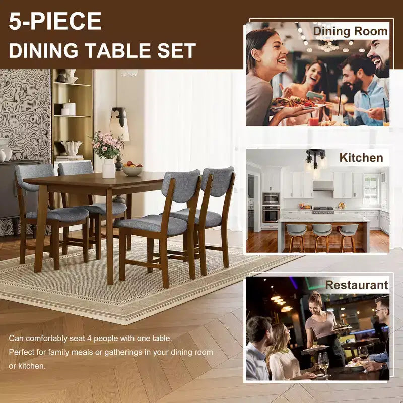 Set da pranzo rustico di 5 pezzi con tavolo in legno e 4 sedie imbottite color espresso