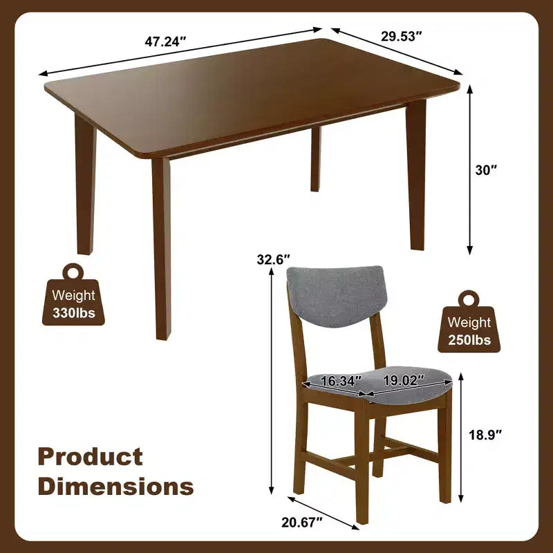 Set da pranzo rustico di 5 pezzi con tavolo in legno e 4 sedie imbottite color espresso