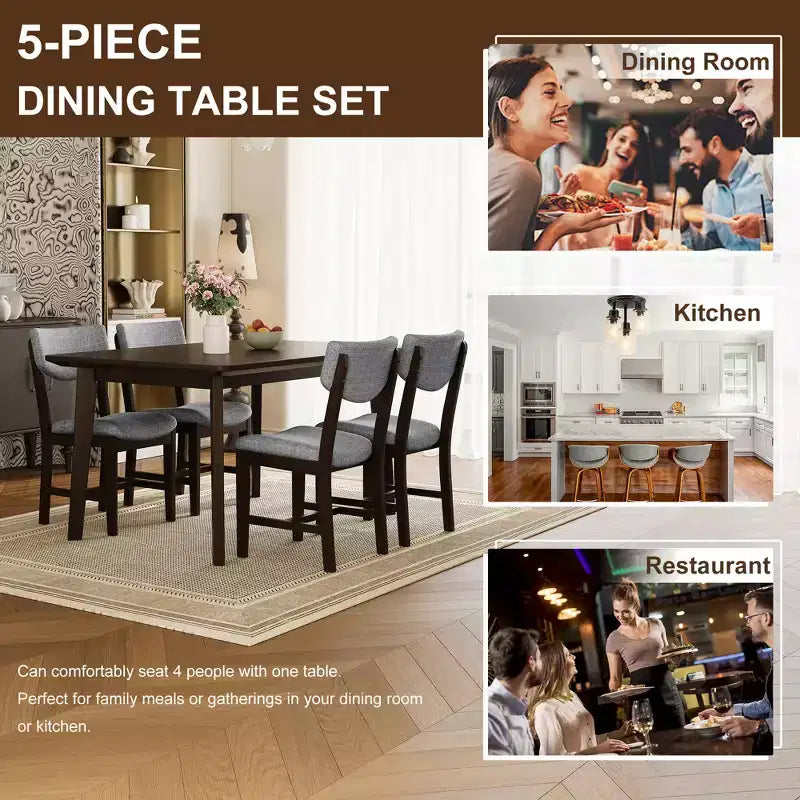 Set da pranzo rustico di 5 pezzi con tavolo in legno e 4 sedie imbottite color espresso