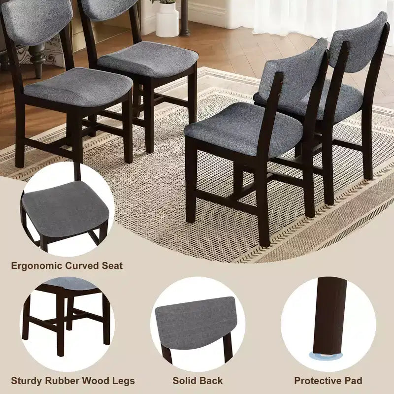 Set da pranzo rustico di 5 pezzi con tavolo in legno e 4 sedie imbottite color espresso
