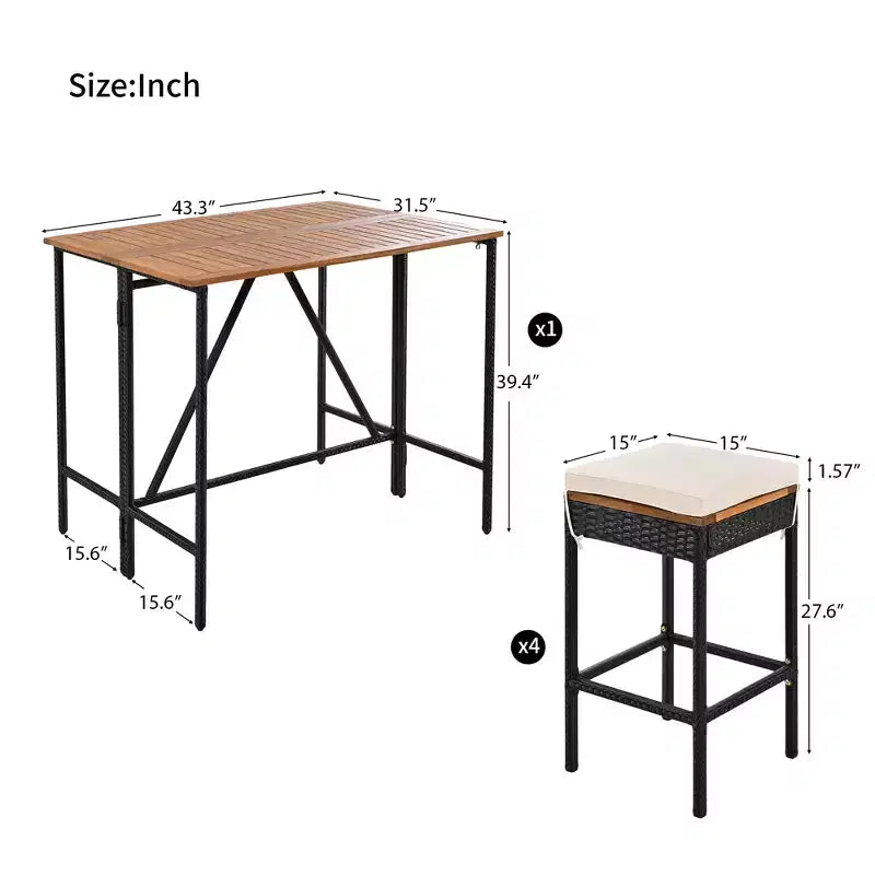 GDFStudio Mason Patio Set da pranzo moderno a 5 pezzi in legno di acacia e vimini in PE con sgabelli imbottiti, altezza bancone