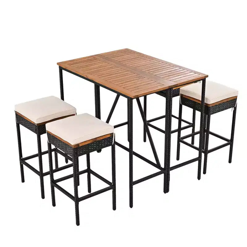 GDFStudio Mason Patio Set da pranzo moderno a 5 pezzi in legno di acacia e vimini in PE con sgabelli imbottiti, altezza bancone