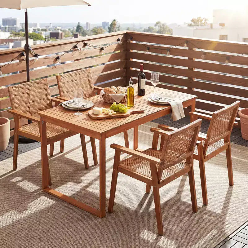 Gymax Set da Pranzo per Esterni 5 Pezzi in Legno di Acacia e Sedie in Rattan per Balcone a Bordo Piscina