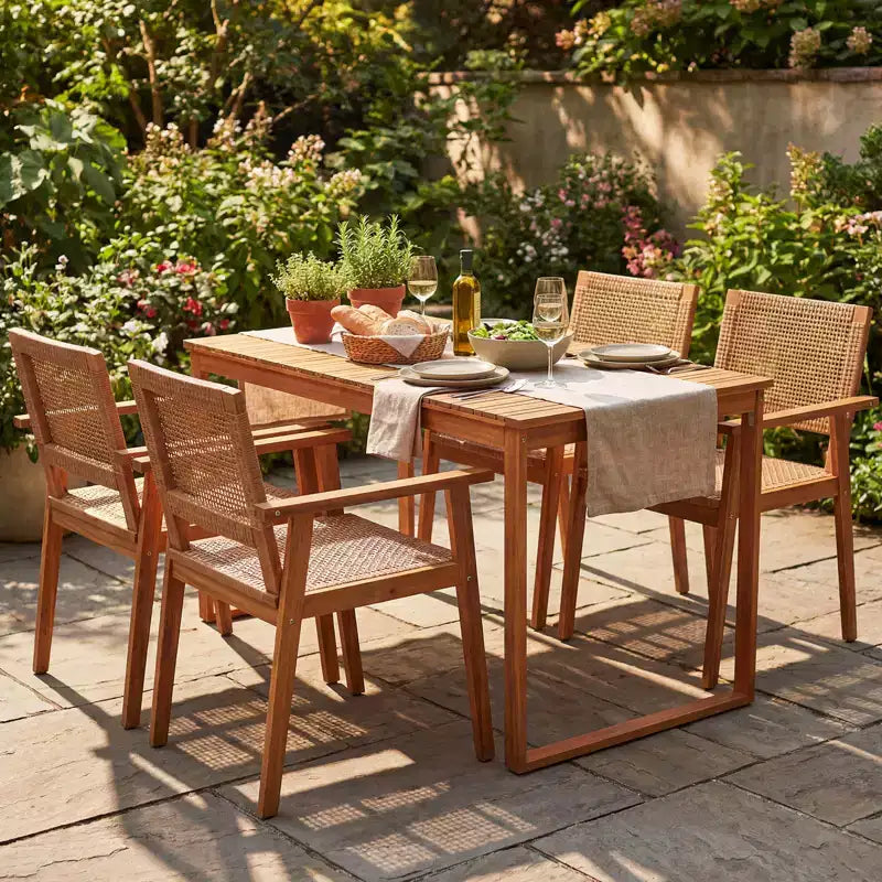Gymax Set da Pranzo per Esterni 5 Pezzi in Legno di Acacia e Sedie in Rattan per Balcone a Bordo Piscina