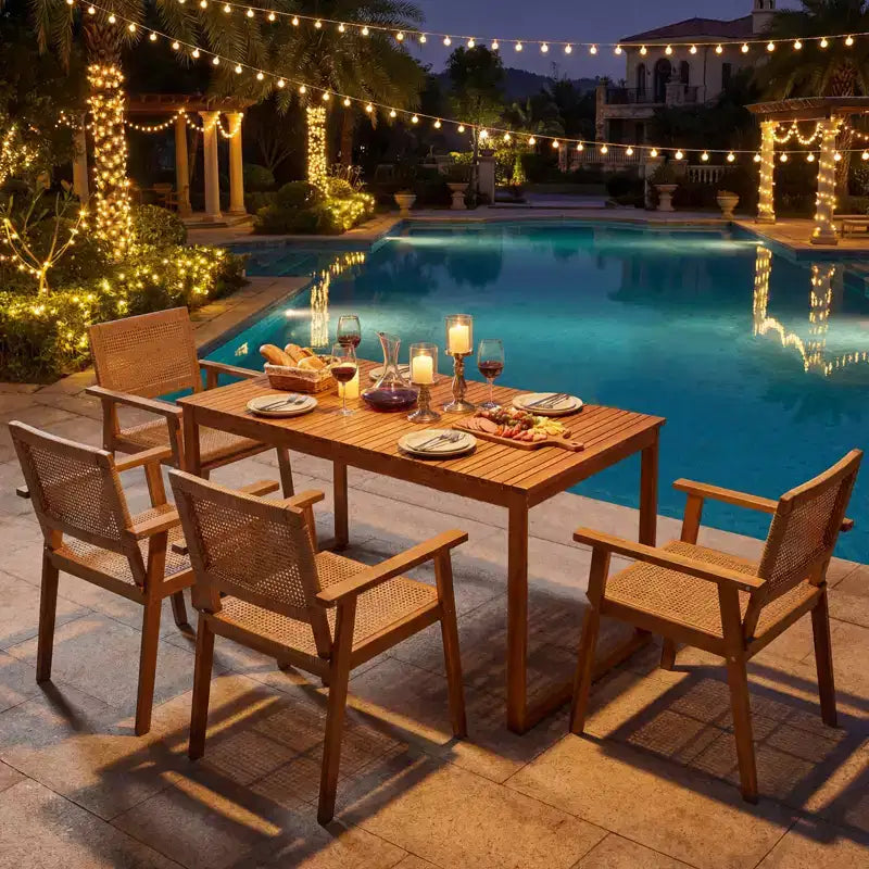 Gymax Set da Pranzo per Esterni 5 Pezzi in Legno di Acacia e Sedie in Rattan per Balcone a Bordo Piscina