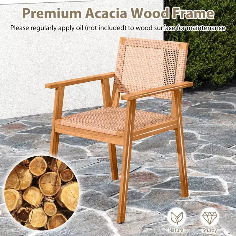 Gymax Set da Pranzo per Esterni 5 Pezzi in Legno di Acacia e Sedie in Rattan per Balcone a Bordo Piscina